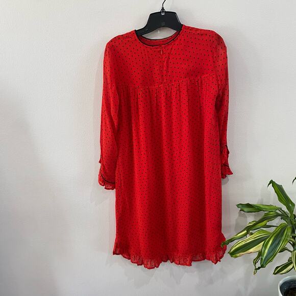 GANNI Mullin Georgette Red Polka Dot Long Sleeve Ruffle Hem Mini Dress Sz 2 - Picture 11 of 16